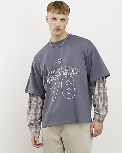Grey Double Layered Number 76 Check T-Shirt