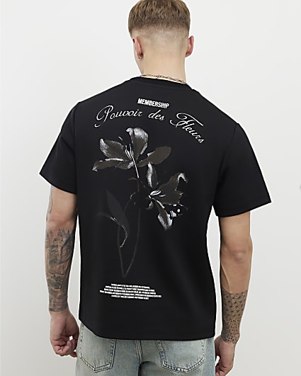 Black Regular FIt Membership Floral T-Shirt
