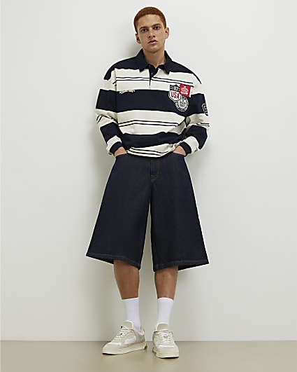 Navy Oversized Fit Stripe Polo Shirt