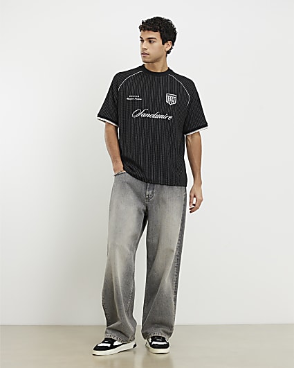 Black Regular Fit Pinstripe Football T-shirt
