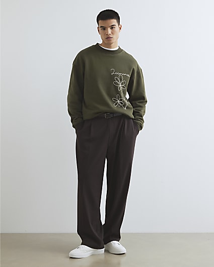 Khaki Oversized Fit Green Flower Sweatshirt