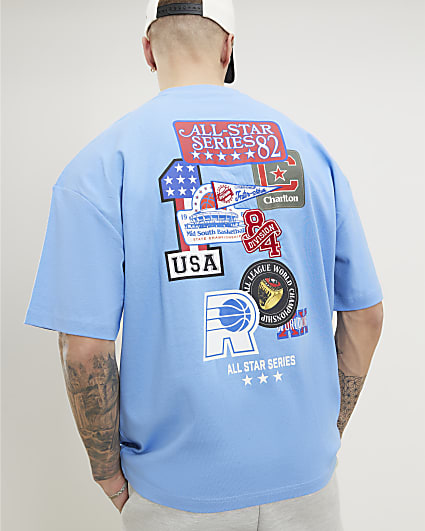Blue Oversized Fit Multi Badging USA T-Shirt