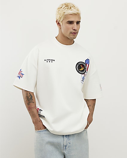White Oversized Fit Multi Badging USA T-Shirt