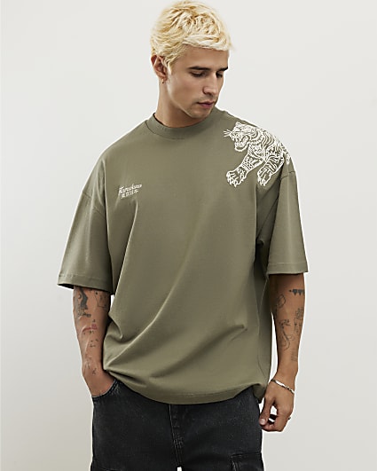 Green Oversized Fit Tiger Roping T-Shirt