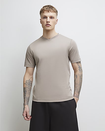 Beige Slim Fit V Neck T-Shirt