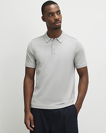 Grey Slim Fit Knit Polo Shirt