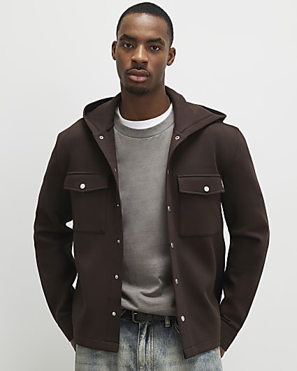 Brown Slim Fit Hooded Premium Overshirt