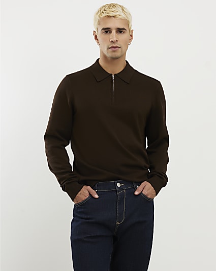 Brown Slim Fit Zip Polo Jumper