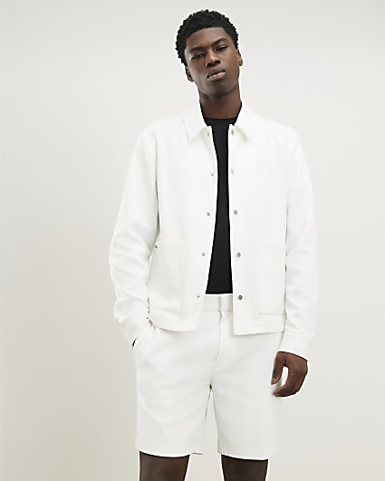 Cream Slim Fit Textured Overshirt