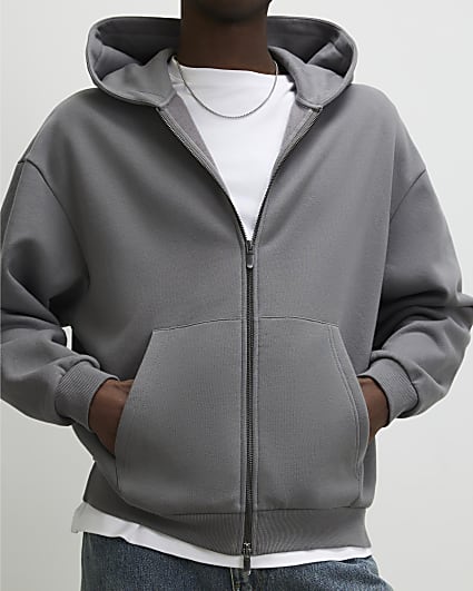 Grey Oversized Fit Zipped Hoodie
