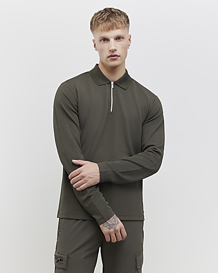 Khaki Slim Fit Textured Polo Shirt