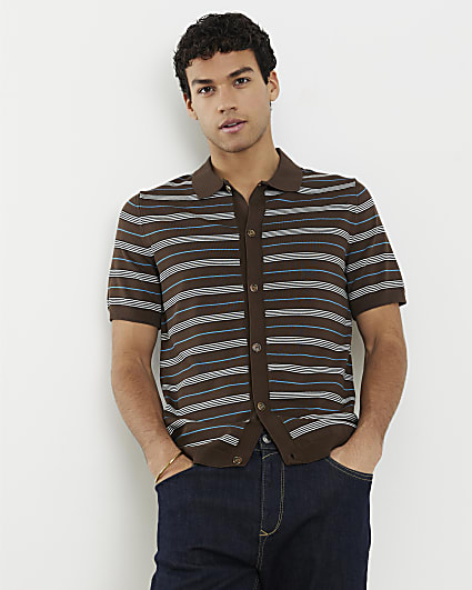 Brown Short Sleeve Knitted Stripe Shirt