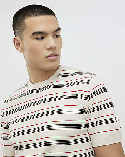 Beige Knitted Stripe T-Shirt