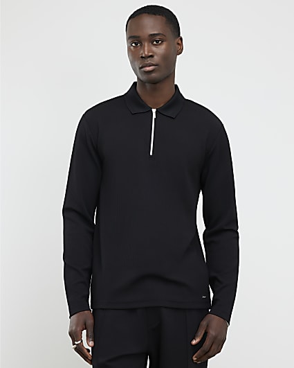 Black Slim Fit Textured Polo Shirt
