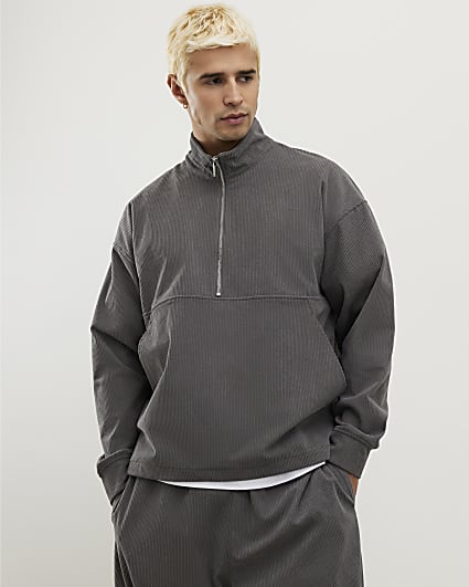 Grey Regular Fit Corduroy Funnel Sweatshirt