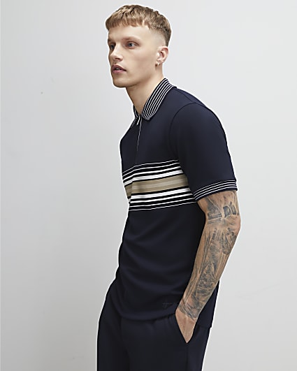Navy Slim Fit Stripe Polo Shirt