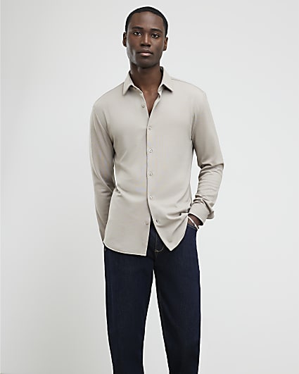 Beige Muscle Fit Pique Casual Shirt