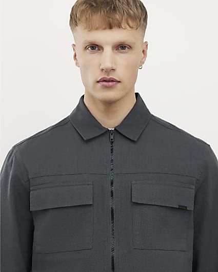 Grey Regular Fit Double Pocket Zip Overshirt