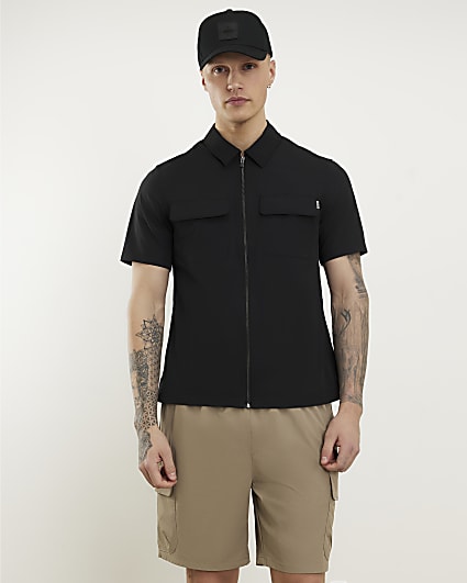 Black Muscle Fit Zip Shirt