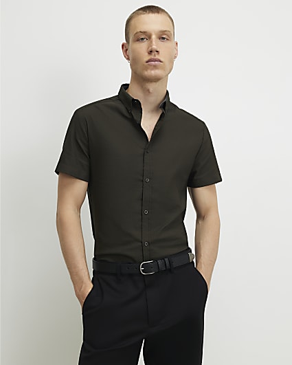 Khaki Muscle Fit Textured Shirt