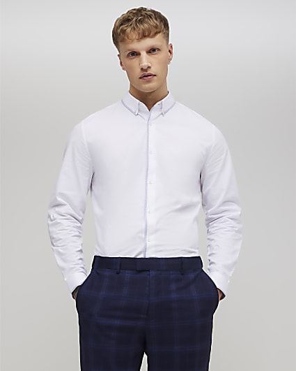 White Slim Fit Check Trim Shirt