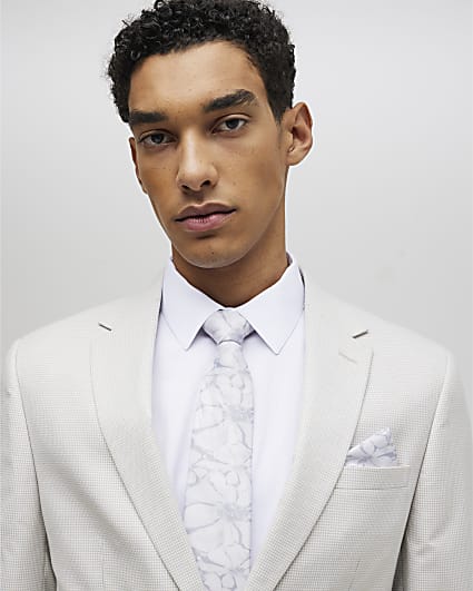 Grey Floral Tie And Handkerchief Set