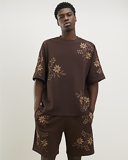 Brown Oversized Fit Floral T-Shirt