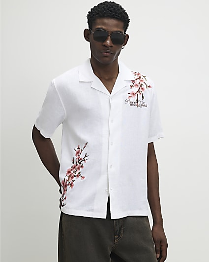 White Cherry Blossom Linen Look Shirt
