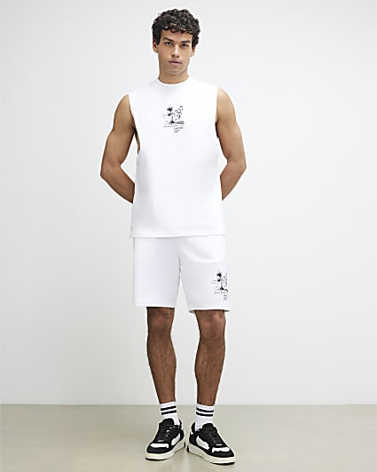 White Landscape Tank Top And Shorts Set