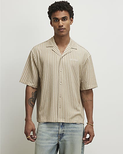 Beige Regular Fit Textured Stripe Shirt
