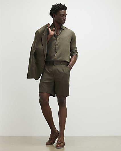 Khaki Regular Fit Linen Shorts