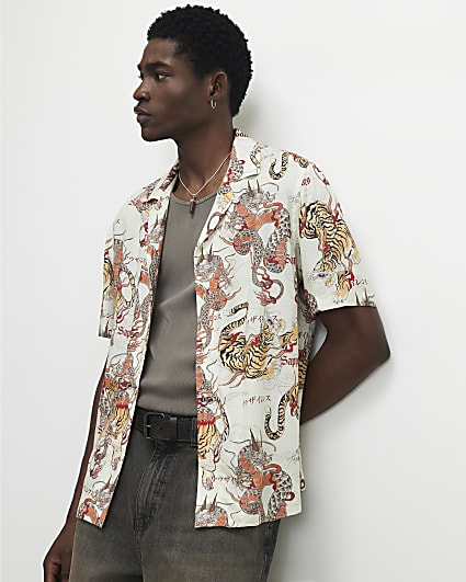 Red Regular Fit Japanese Dragon Shirt