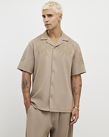 Khaki Regular Fit Paisley Embroidery Shirt