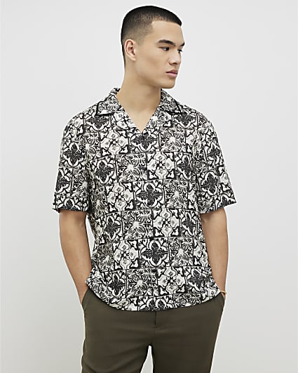 White Regular Fit Baroque Tile Print Shirt