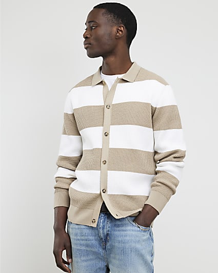Beige Slim Fit Knitted Stripe Cardigan