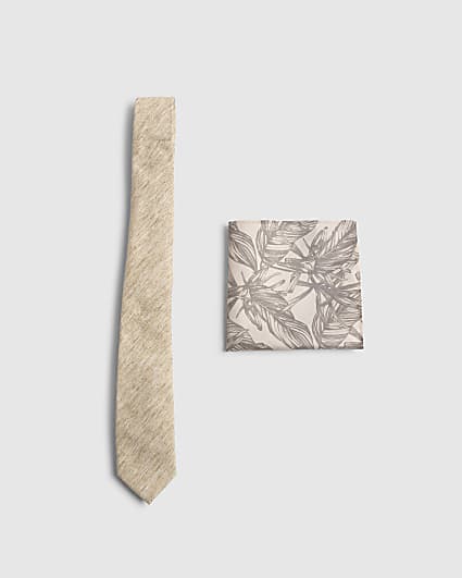Stone Linen Tie And Handkerchief Set