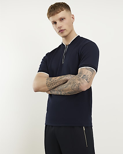 Navy Slim Fit Textured Tipped Baseball Top