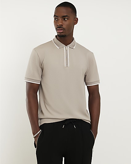 Beige Slim Fit Textured Zip Tip Polo Shirt