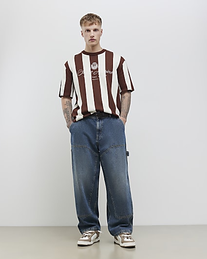 Brown Oversized Fit Stripe Football T-Shirt