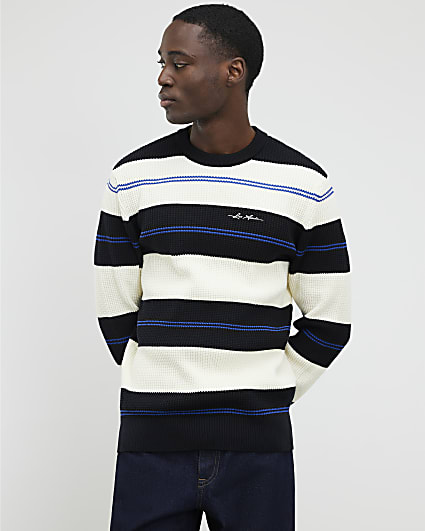 Blue Slim Fit Stripe Waffle Knitted Jumper