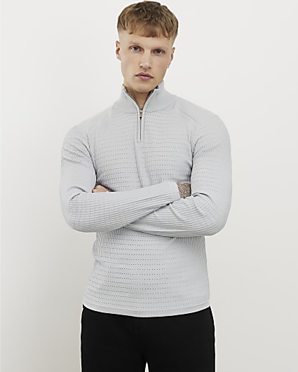 Grey Muscle Fit Knitted Funnel Jumper