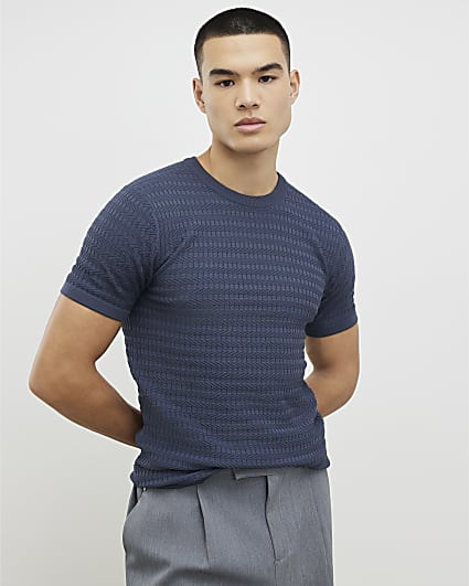 Blue Muscle Fit Textured Knit T-Shirt