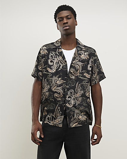 Black All Over Dragon Print Shirt
