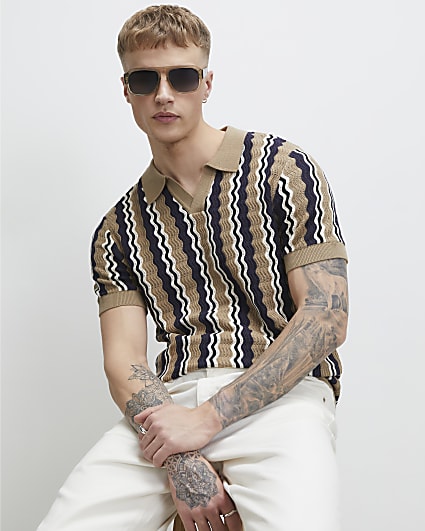 Beige Slim Fit Wavy Stripe Polo Shirt