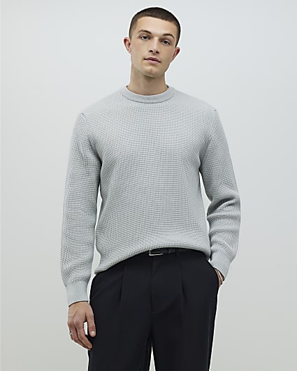 Grey Slim Fit Waffle Knit Jumper