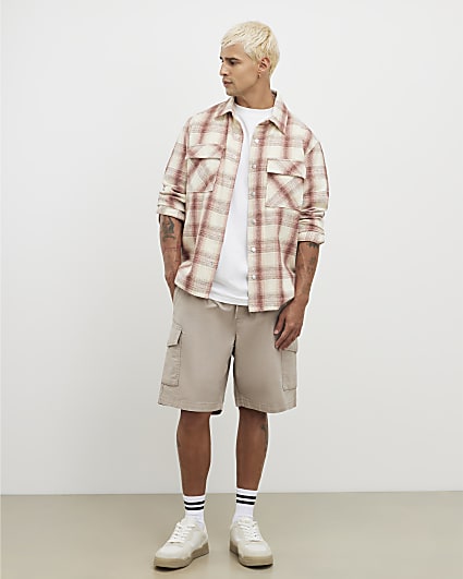 Beige Regular Fit Crosshatch Cargo Shorts