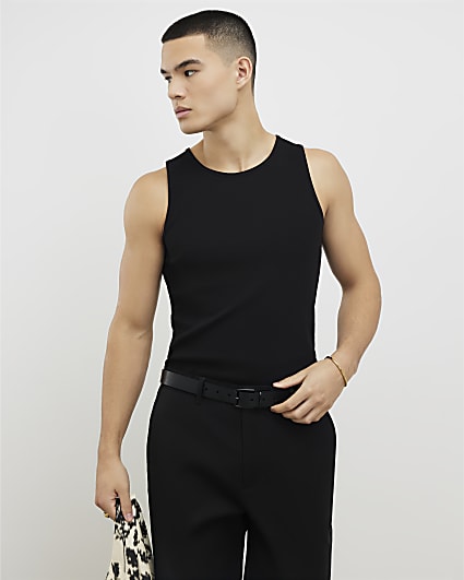 Black Muscle Fit Ribbed Vest
