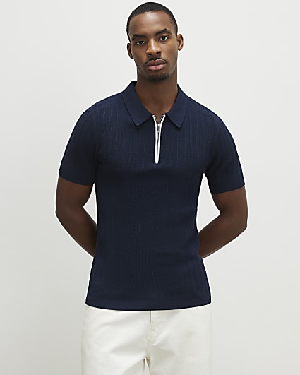 Navy Muscle Fit Ribbed Quarter Zip Polo Shirt