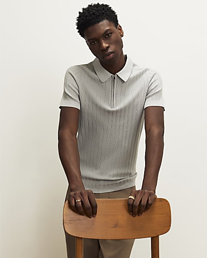 Grey Muscle Fit Ribbed Polo Shirt