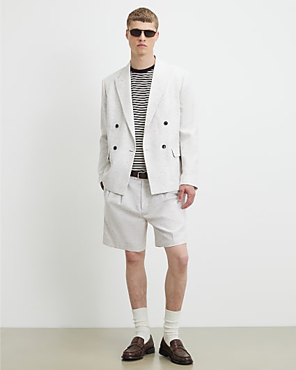 Cream Regular Fit Belted Textured Shorts